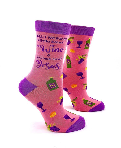 Fabdaz - All I Need is a Little Bit of Wine & a Whole Lot of Jesus Women's Crew Socks