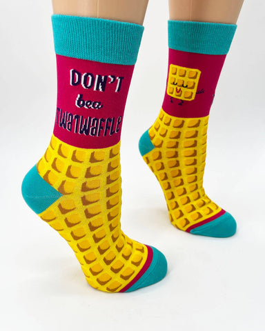 Funny ladies novelty crew socks with saying "Don't Be a Twatwaffle"